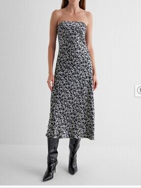Express Black & White Strapless Floral Midi Dress Floral Satin Strapless Midi S